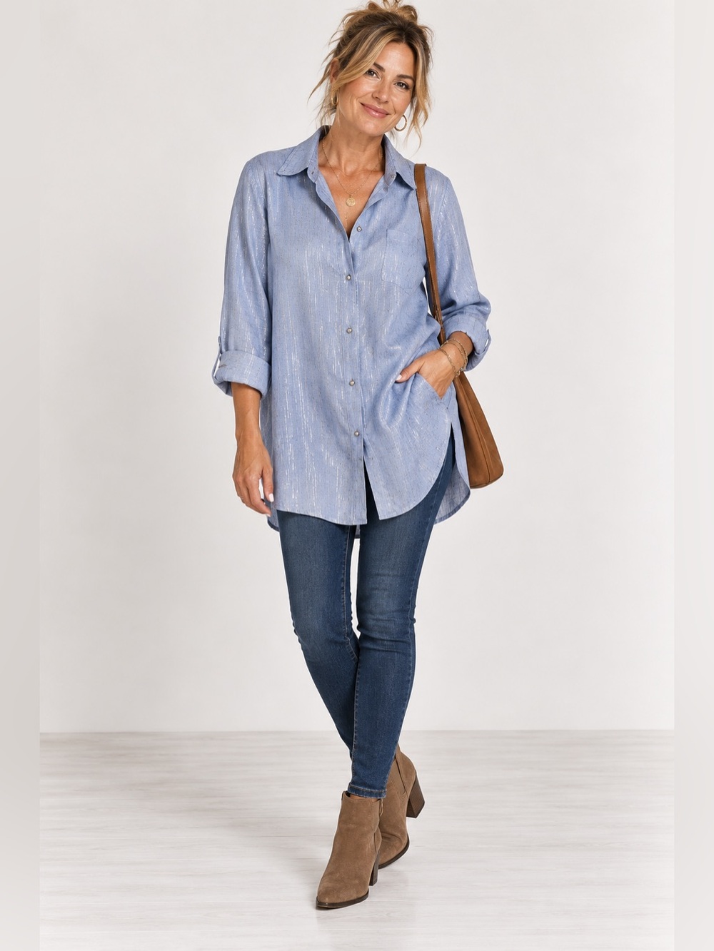 Liza Byrd Nwt Blue, Metallic Silver Stripe, loose fit, Button-Down Shirt